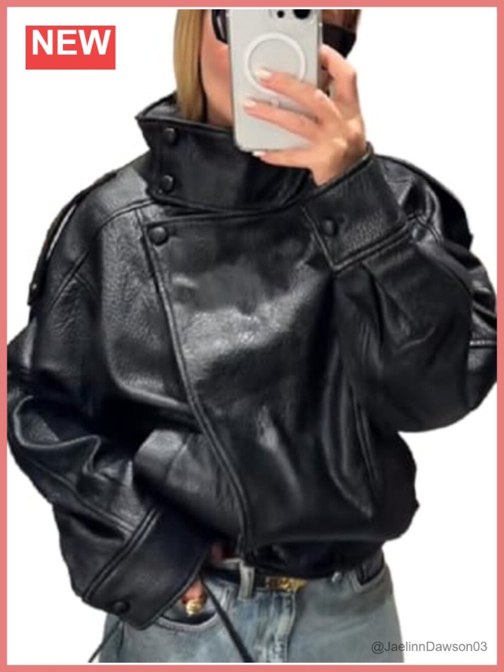 Faux Leather Jacket Womens Lychee Texture Stand Collar Zip Casual Coat